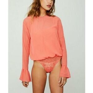 Hot as Hell Coral C It Through Lace Mesh Long Sleeve Bodysuit NEW